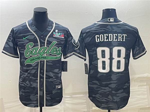 Men's Philadelphia Eagles #88 Dallas Goedert Gray Camo With Super Bowl LVII Patch Cool Base Stitched Baseball Jersey - Click Image to Close